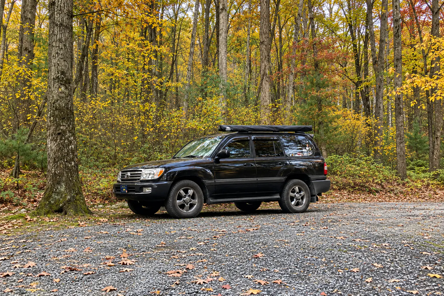A black 2006 Toyota Land Cruiser 100 Series with a roof awning, parked on gravel in an autumn forest